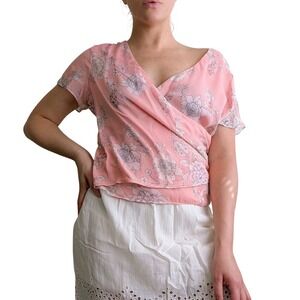 Vintage 90s Y2K Boho Romantic Pastel Pink Floral Peony Draping Silk Blouse